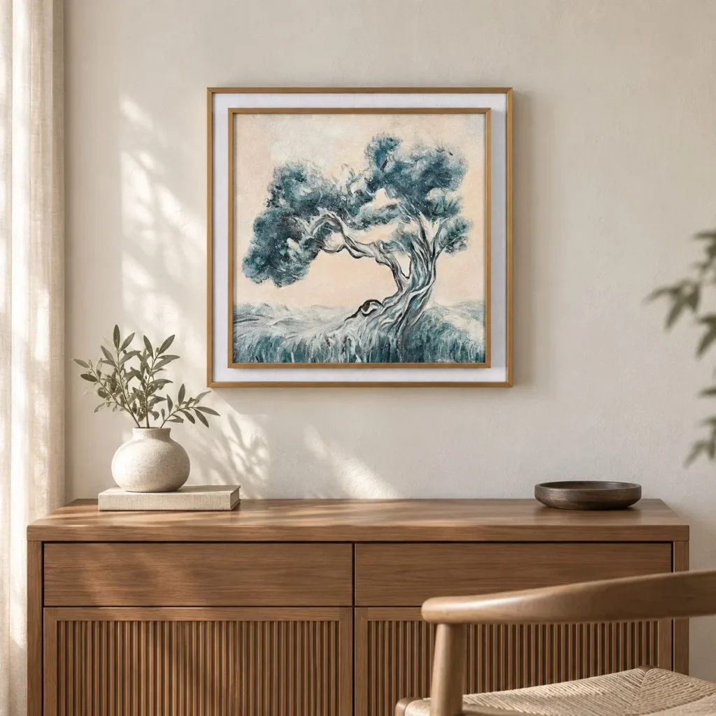Blue Pine Tree Painting in Light Frame, 40 x 40 cm — front view