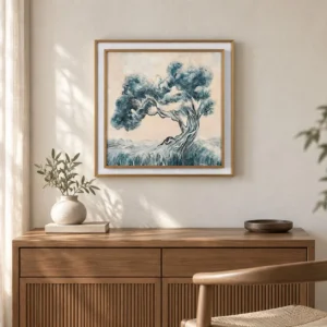 Blue Pine Tree Painting in Light Frame, 40 x 40 cm — front view