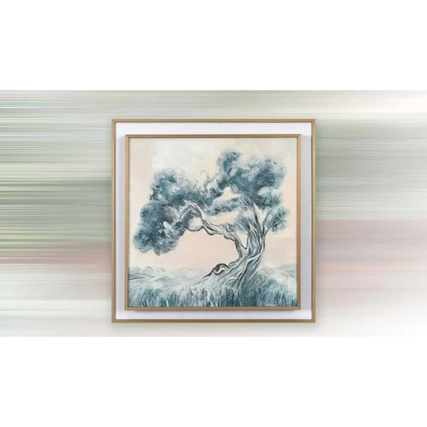 Blue Pine Tree Painting in Light Frame, 40 x 40 cm — in a room setting