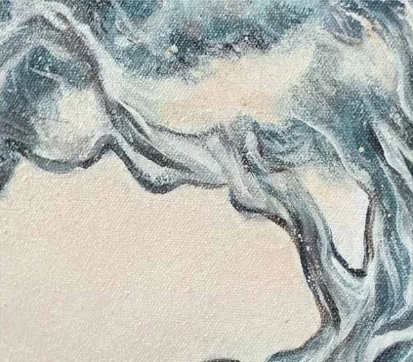 Blue Pine Tree Painting in Light Frame, 40 x 40 cm — detail