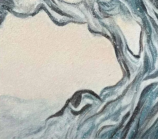 Blue Pine Tree Painting in Light Frame, 40 x 40 cm — detail