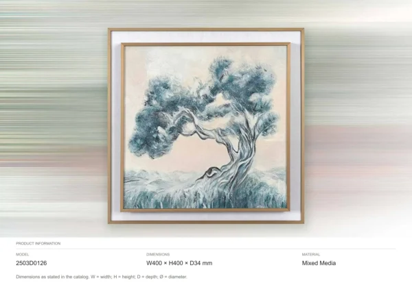 Blue Pine Tree Painting in Light Frame, 40 x 40 cm — dimensions