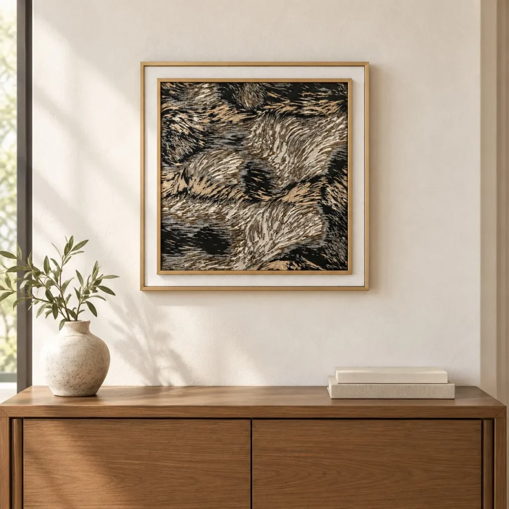 Tan and Black Feather Stroke Painting in sand — front view