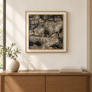 Tan and Black Feather Stroke Painting in sand — front view