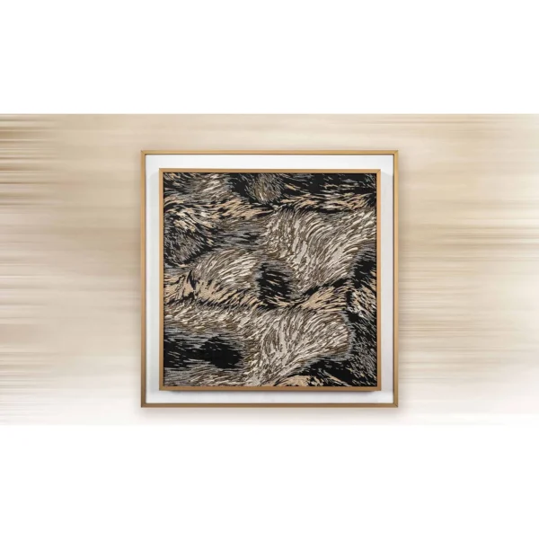 Tan and Black Feather Stroke Painting in sand — in a room setting