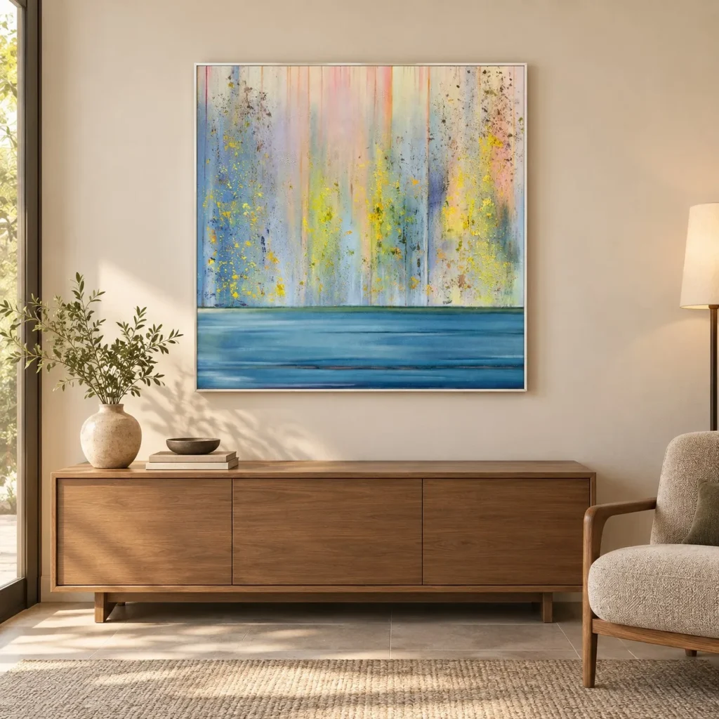 Rainbow Drip Over Blue Sea Textured Painting, 90 x 90 cm in blue — front view