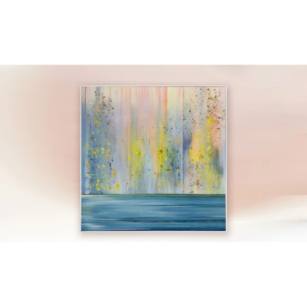 Rainbow Drip Over Blue Sea Textured Painting, 90 x 90 cm in blue — in a room setting