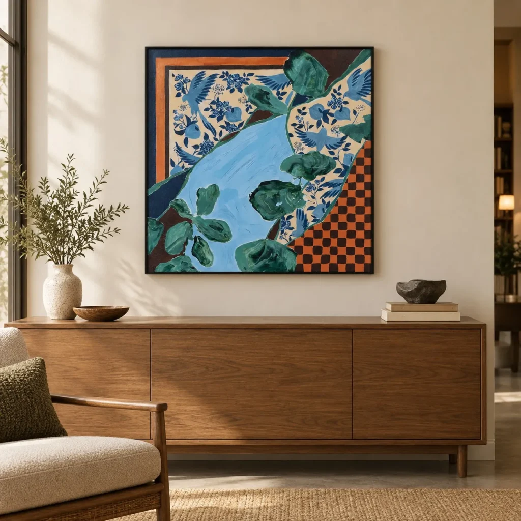 Blue Still Life with Checkerboard Painting in Black Frame — front view