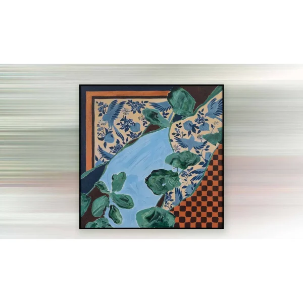 Blue Still Life with Checkerboard Painting in Black Frame — in a room setting
