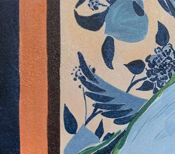 Blue Still Life with Checkerboard Painting in Black Frame — detail