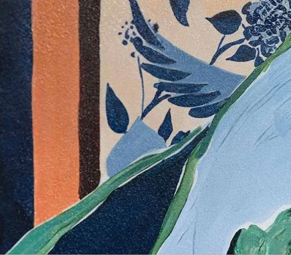 Blue Still Life with Checkerboard Painting in Black Frame — detail