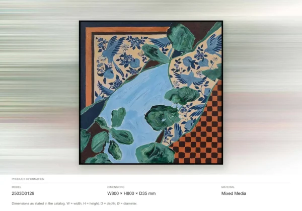 Blue Still Life with Checkerboard Painting in Black Frame — dimensions