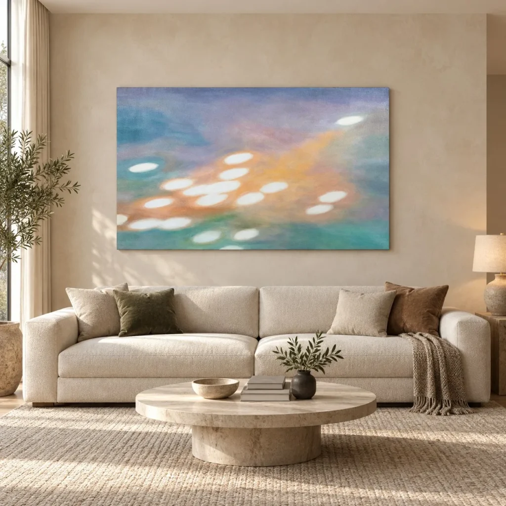 Wide Light on Water Painting in Teal, Peach and Lilac, 140 — front view