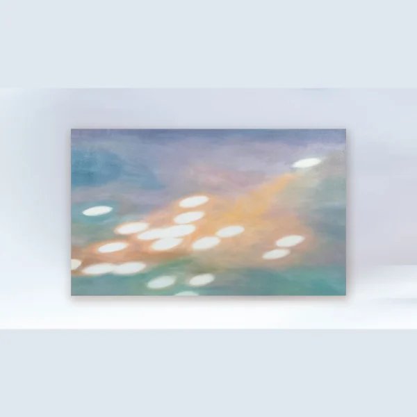 Wide Light on Water Painting in Teal, Peach and Lilac, 140 — in a room setting