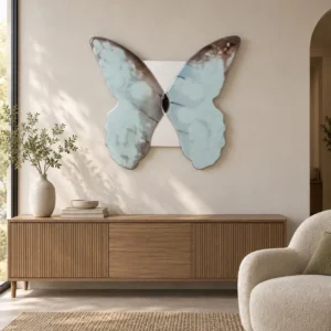 Pale Blue Butterfly Wing Wall Sculpture, 75 x 67 cm in blue — front view