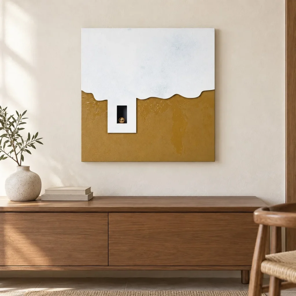 White Plaster and Ochre Panel with Inset Window, 50 x 50 cm in ivory — front view