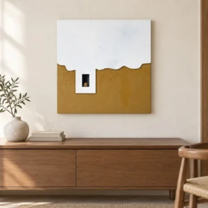White Plaster and Ochre Panel with Inset Window, 50 x 50 cm in ivory — front view