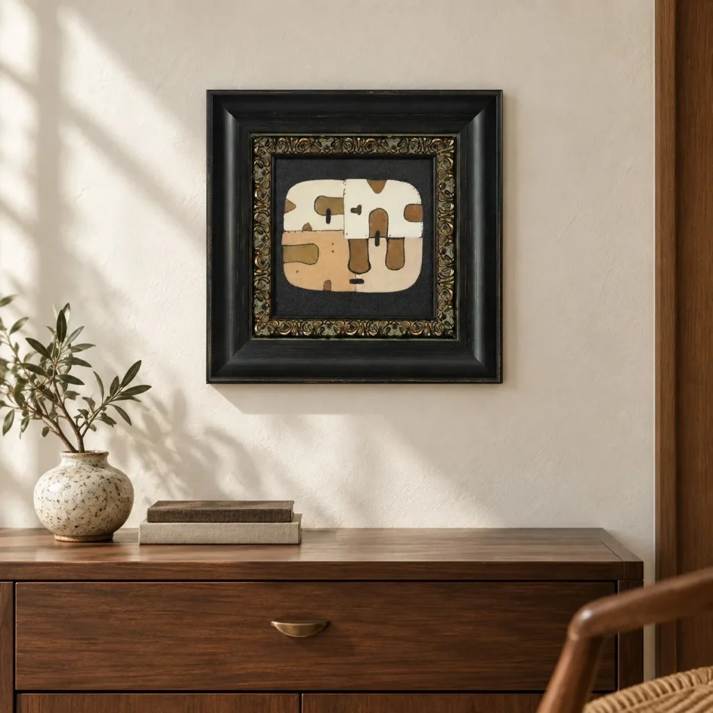 Small Abstract in Ornate Black and Gold Frame, 35 x 35 cm — front view