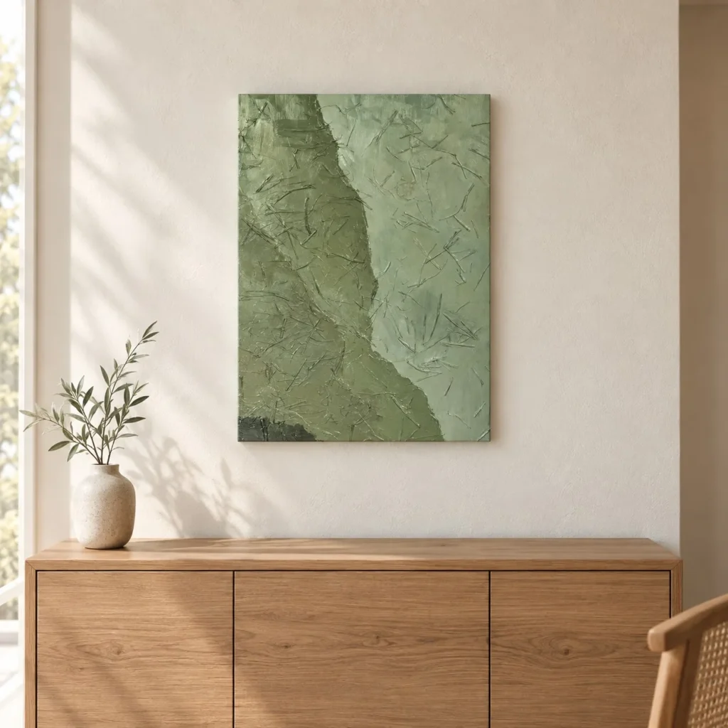 Sage Green Cracked Plaster Wall Art, 50 x 70 cm in olive — front view