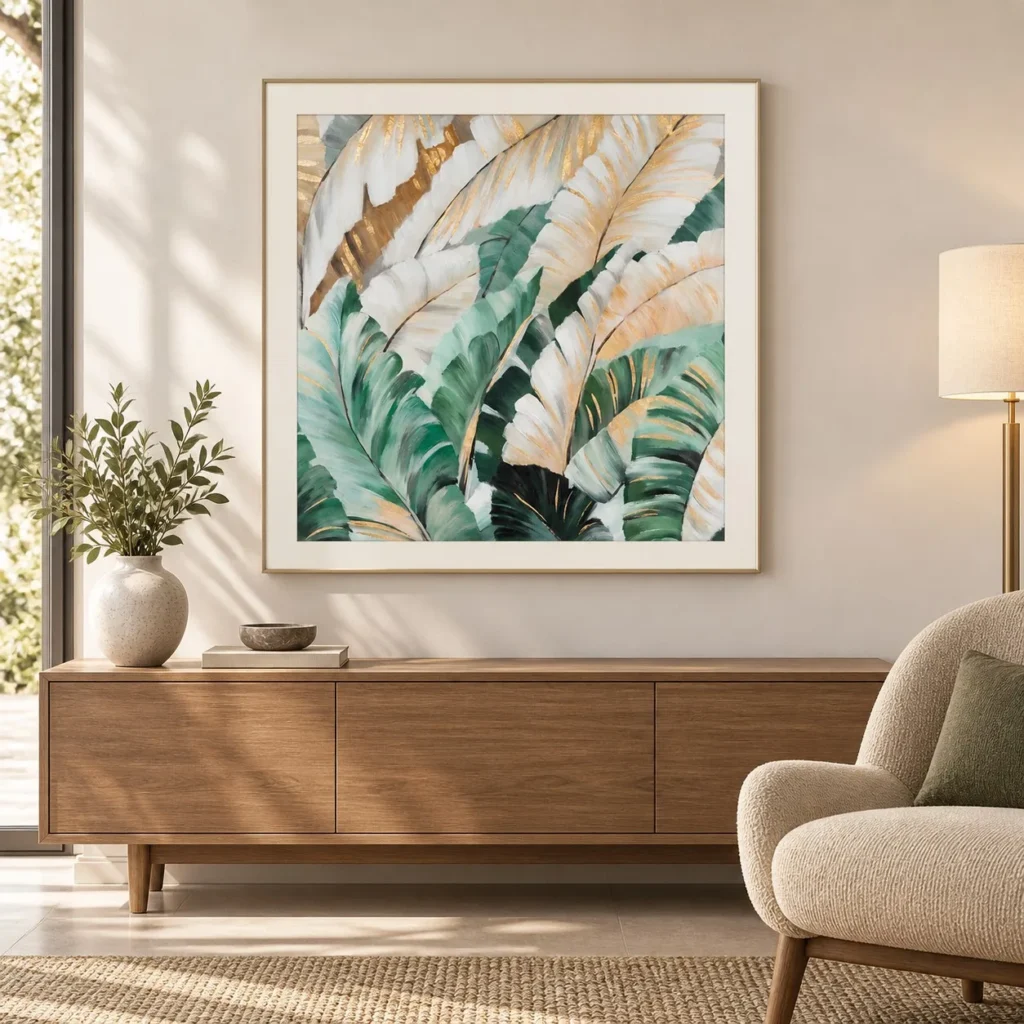 Banana Leaf Painting in Green and Gold, 90 x 90 cm — front view