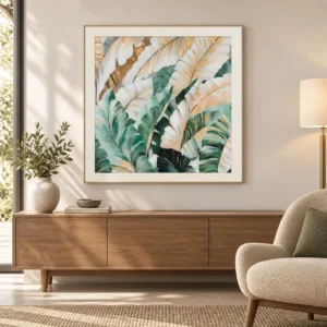 Banana Leaf Painting in Green and Gold, 90 x 90 cm — front view