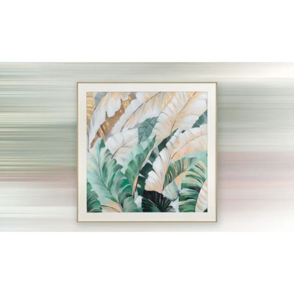 Banana Leaf Painting in Green and Gold, 90 x 90 cm — in a room setting