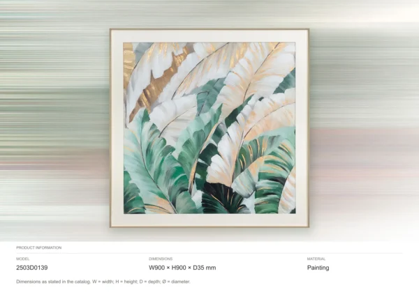 Banana Leaf Painting in Green and Gold, 90 x 90 cm — dimensions