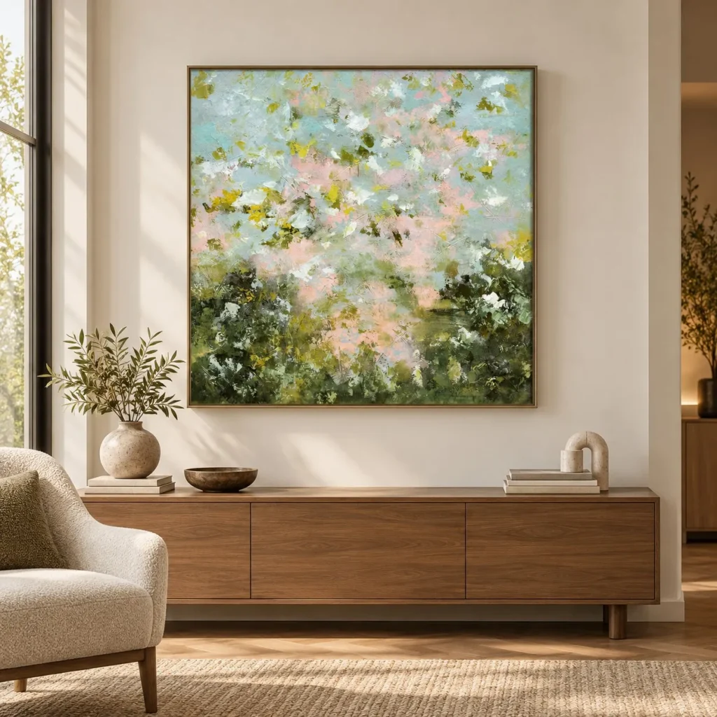 Blossom Meadow Impressionist Painting, 100 x 100 cm in olive — front view