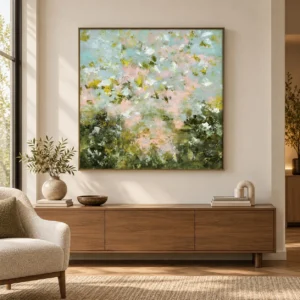Blossom Meadow Impressionist Painting, 100 x 100 cm in olive — front view