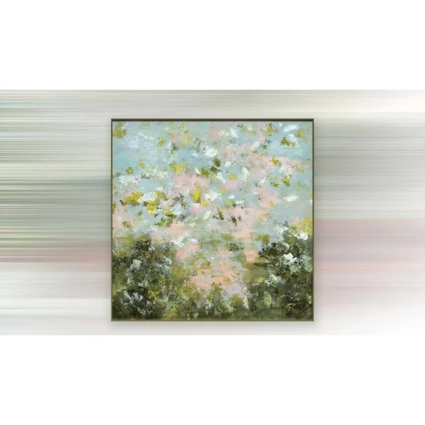 Blossom Meadow Impressionist Painting, 100 x 100 cm in olive — in a room setting