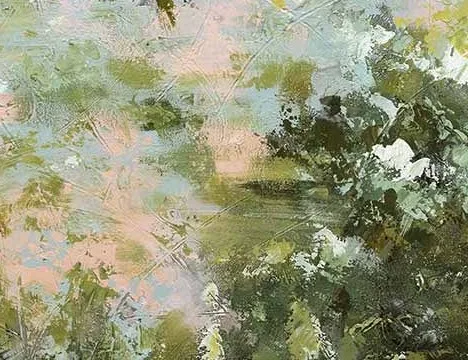Blossom Meadow Impressionist Painting, 100 x 100 cm in olive — detail