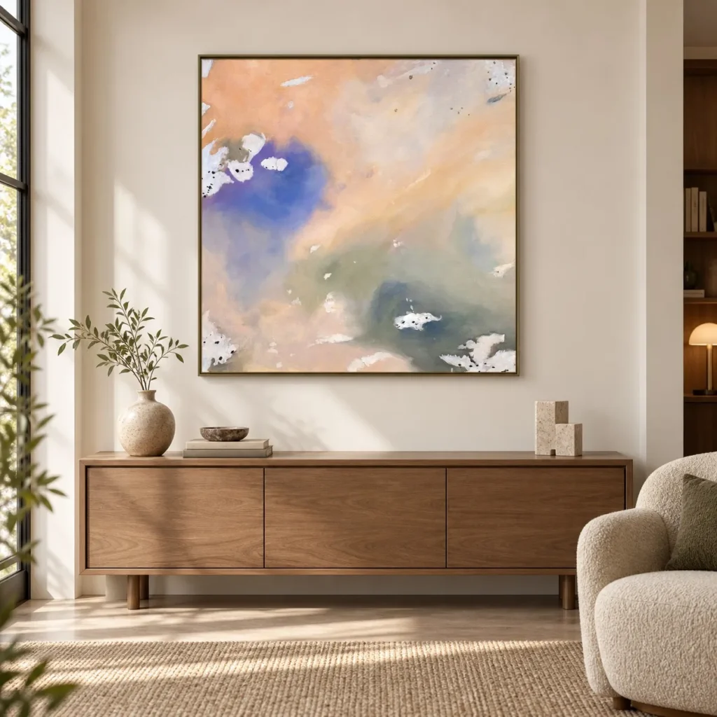 Peach and Violet Cloud Wash Painting, 90 x 90 cm in rust — front view