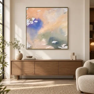 Peach and Violet Cloud Wash Painting, 90 x 90 cm in rust — front view