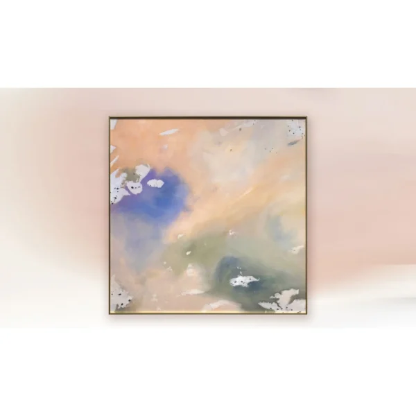 Peach and Violet Cloud Wash Painting, 90 x 90 cm in rust — in a room setting