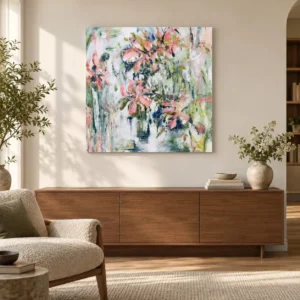 Coral and Green Floral Abstract Painting, 75 x 75 cm in rose stone — front view
