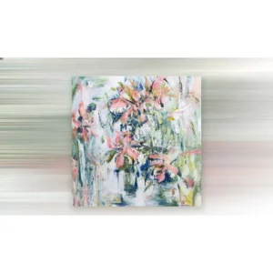 Coral and Green Floral Abstract Painting, 75 x 75 cm in rose stone — in a room setting