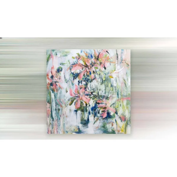 Coral and Green Floral Abstract Painting, 75 x 75 cm in rose stone — in a room setting