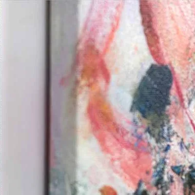 Coral and Green Floral Abstract Painting, 75 x 75 cm in rose stone — detail