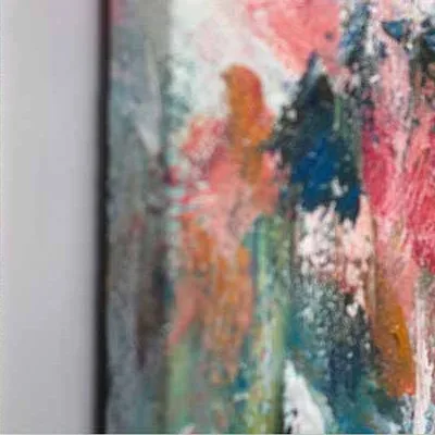 Coral and Green Floral Abstract Painting, 75 x 75 cm in rose stone — detail