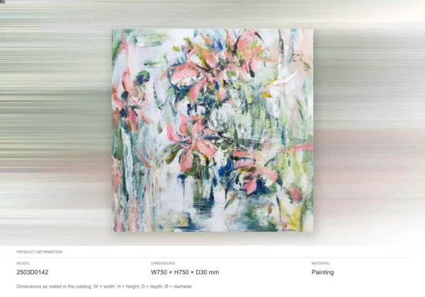 Coral and Green Floral Abstract Painting, 75 x 75 cm in rose stone — dimensions