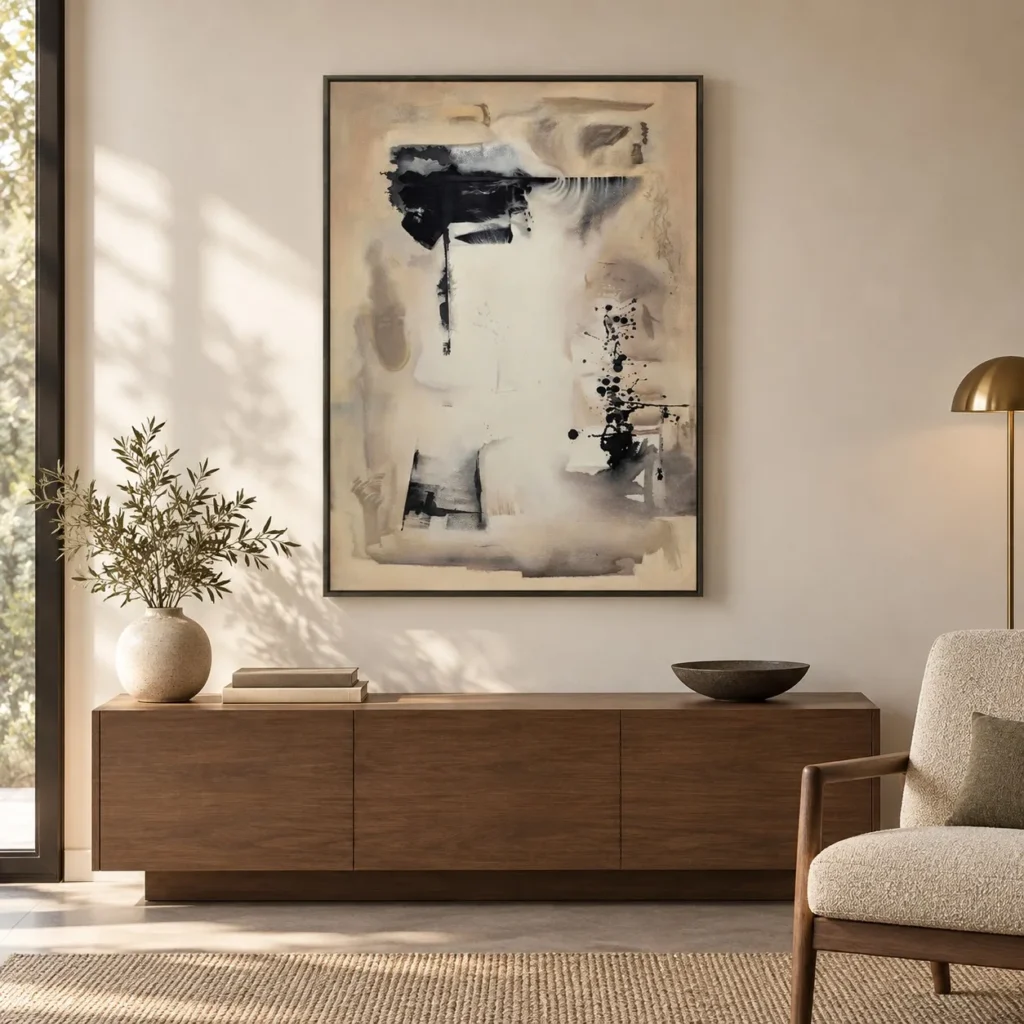Black Stroke on Cream Abstract in Slim Frame, 80 x 120 cm — front view