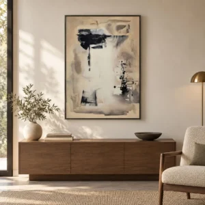 Black Stroke on Cream Abstract in Slim Frame, 80 x 120 cm — front view