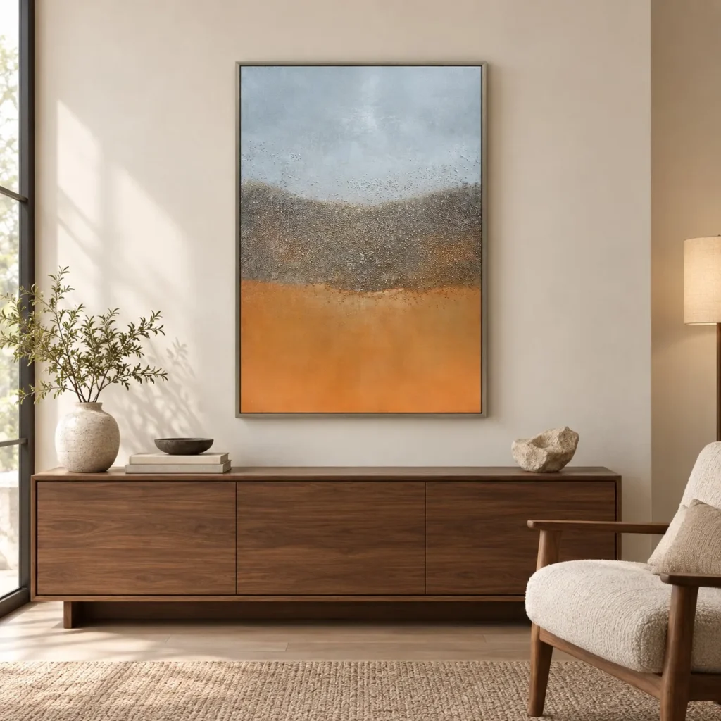 Grey Sky Over Orange Field Textured Painting, 70 x 100 cm in slate — front view