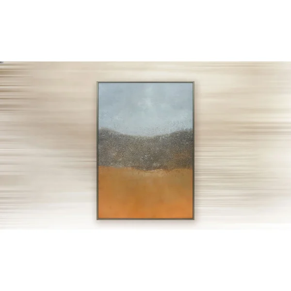 Grey Sky Over Orange Field Textured Painting, 70 x 100 cm in slate — in a room setting