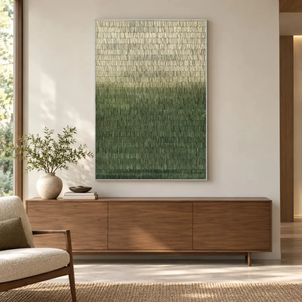 Green Ombre Woven Strip Relief, 75 x 105 cm in olive — front view