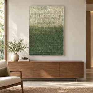 Green Ombre Woven Strip Relief, 75 x 105 cm in olive — front view