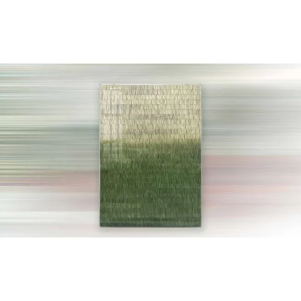 Green Ombre Woven Strip Relief, 75 x 105 cm in olive — in a room setting