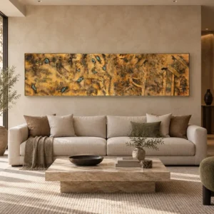 Panoramic Gold Leaf Abstract Wall Art, 252 x 65 cm in brushed brass — front view