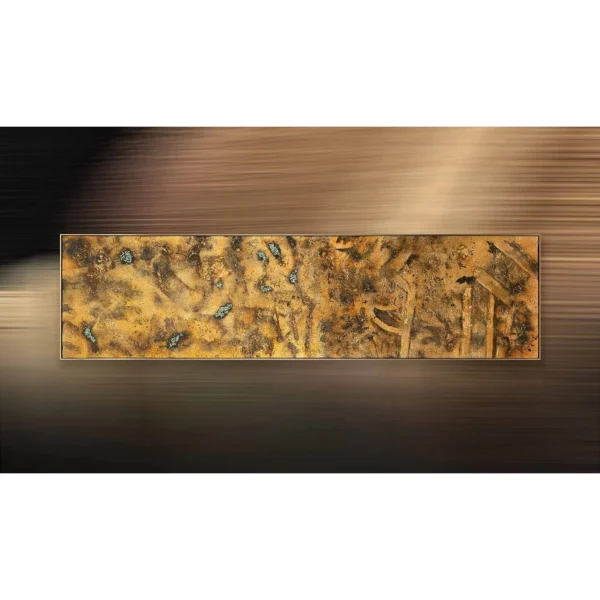 Panoramic Gold Leaf Abstract Wall Art, 252 x 65 cm in brushed brass — in a room setting