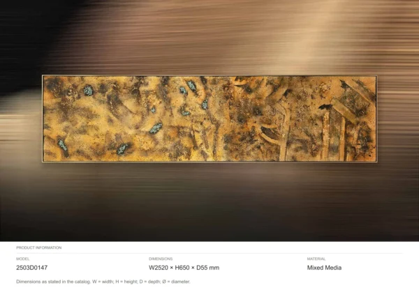 Panoramic Gold Leaf Abstract Wall Art, 252 x 65 cm in brushed brass — dimensions